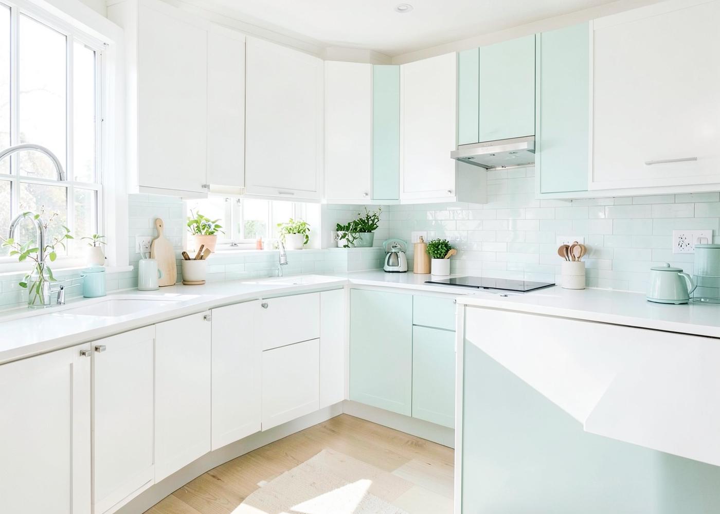 A bright, freshly cleaned home kitchen with spotless worktops