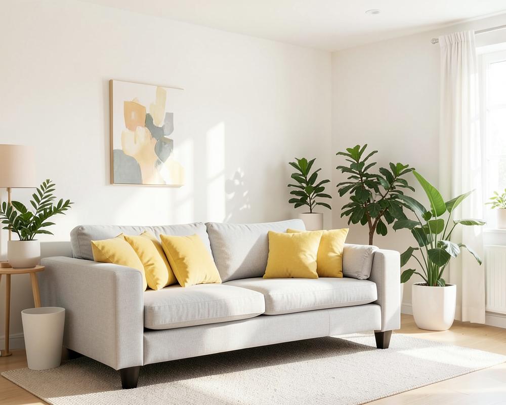 Tidy bright living room with soft yellow cushions